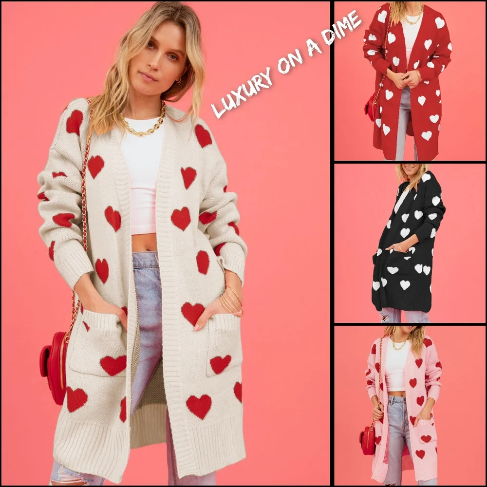 Contrasting Heart Knit Open Front Longline Pocket Sweater Cardigan Valentine - Picture 6 of 9